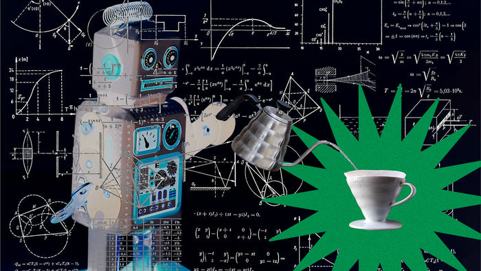 A robot pouring water from a gooseneck kettle into a Hario V60 dripper.