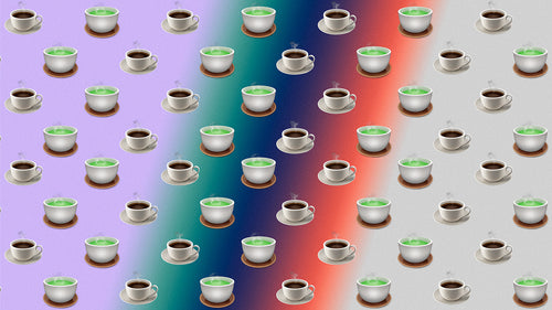 Coffee and tea emojis on a gradient background.