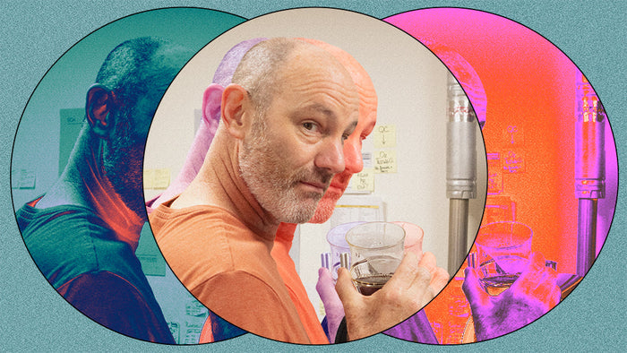 Lead Roaster Dave holding a coffee tasting glass with cool gradients.