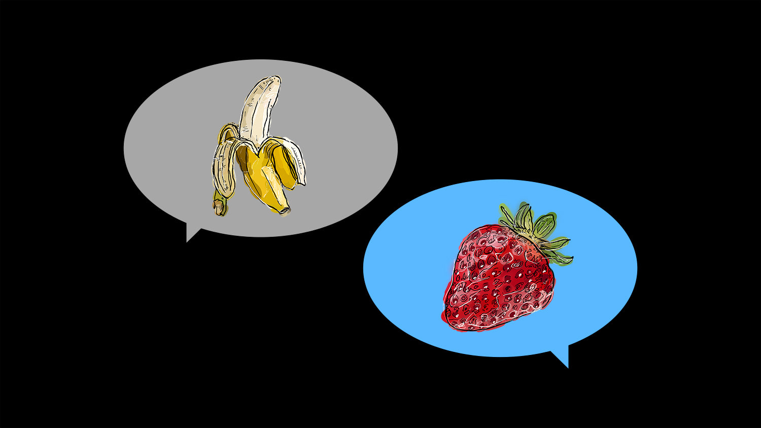 Text bubbles with a banana and strawberry.