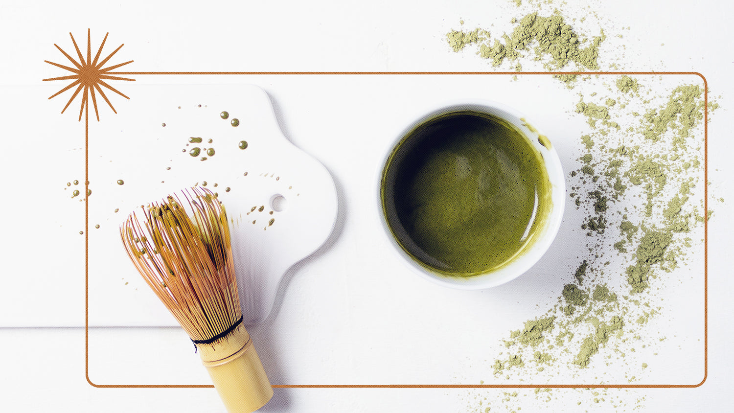 Brewed Japanese Matcha in a bowl next to a matcha whisk with some filigree. 
