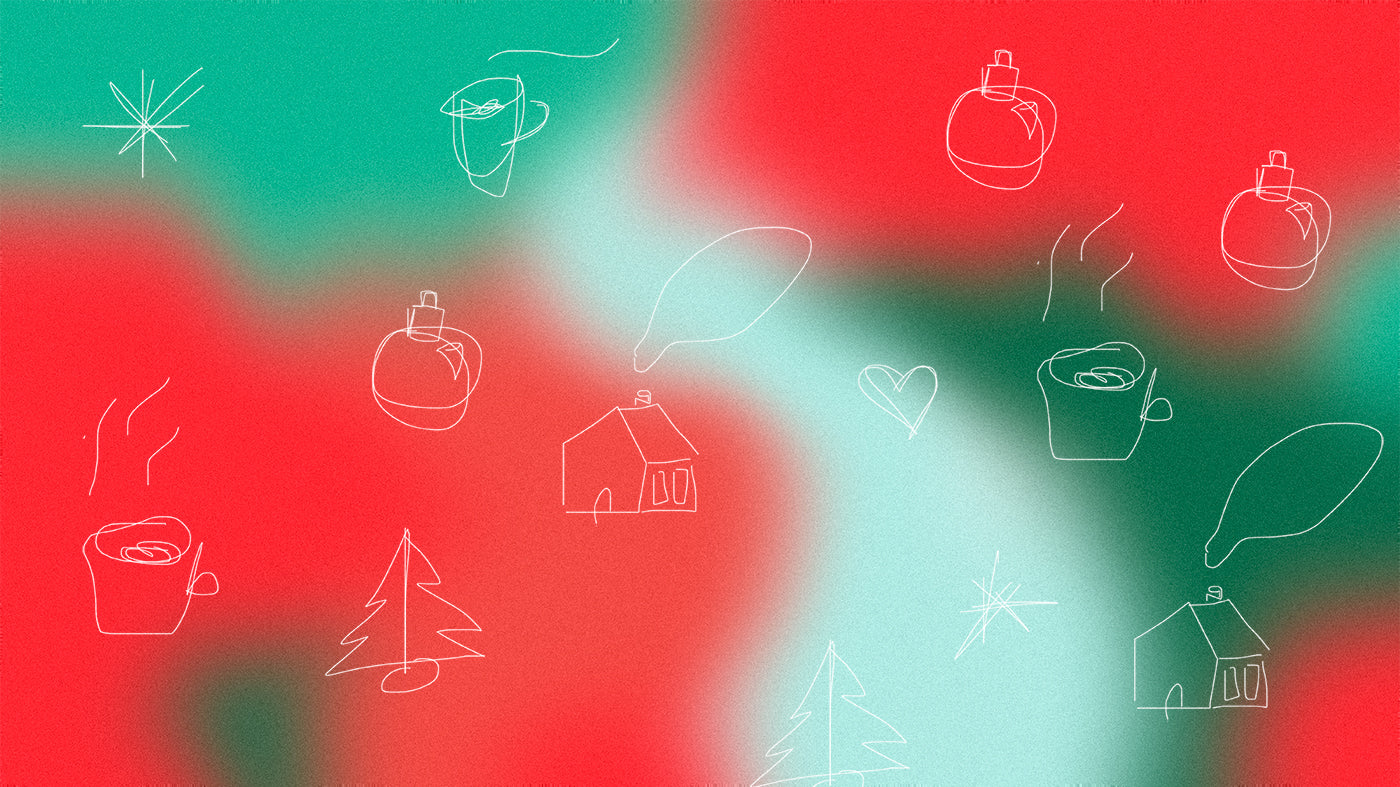 A holiday illustration with sketched coffee mugs, houses, pine trees, stars, and ornaments.