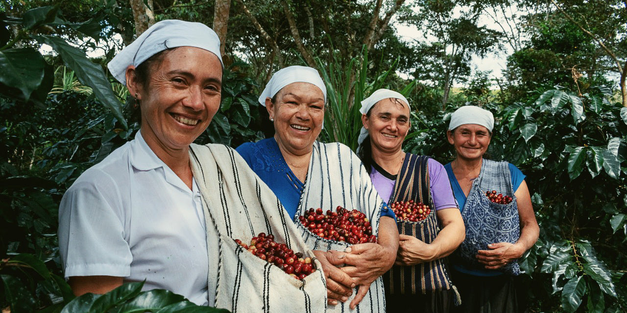 Coffee farmers smile with coffee cherries in Peru.