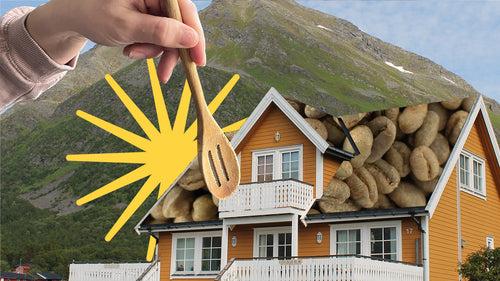 A collage of a house with a green coffee roof, a sunburst, and a hand holding a wooden spoon, set against a green mountain.