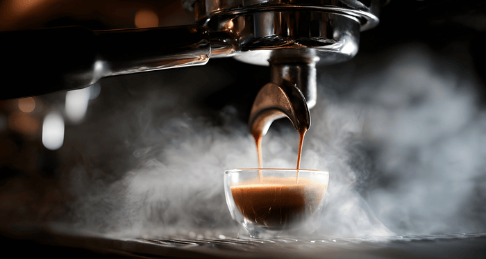 Espresso brewing into glass, steam rising around the glass