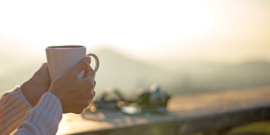 Summer view with hands holding a mug