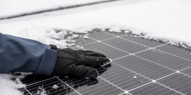Hand brushing off snow covered solar panels