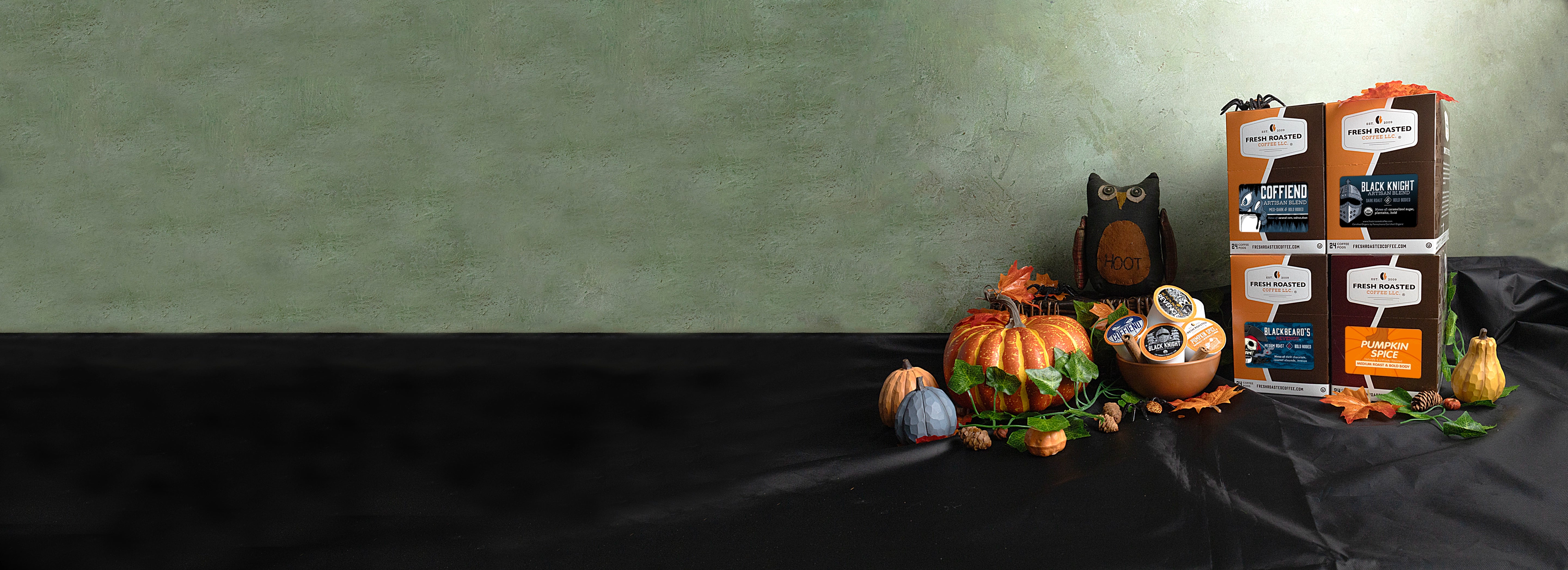 Fresh Roasted Coffee: Pumpkin Spice, Blackbeard's Revenge, Black Knight, and Coffeind K-cup pods.