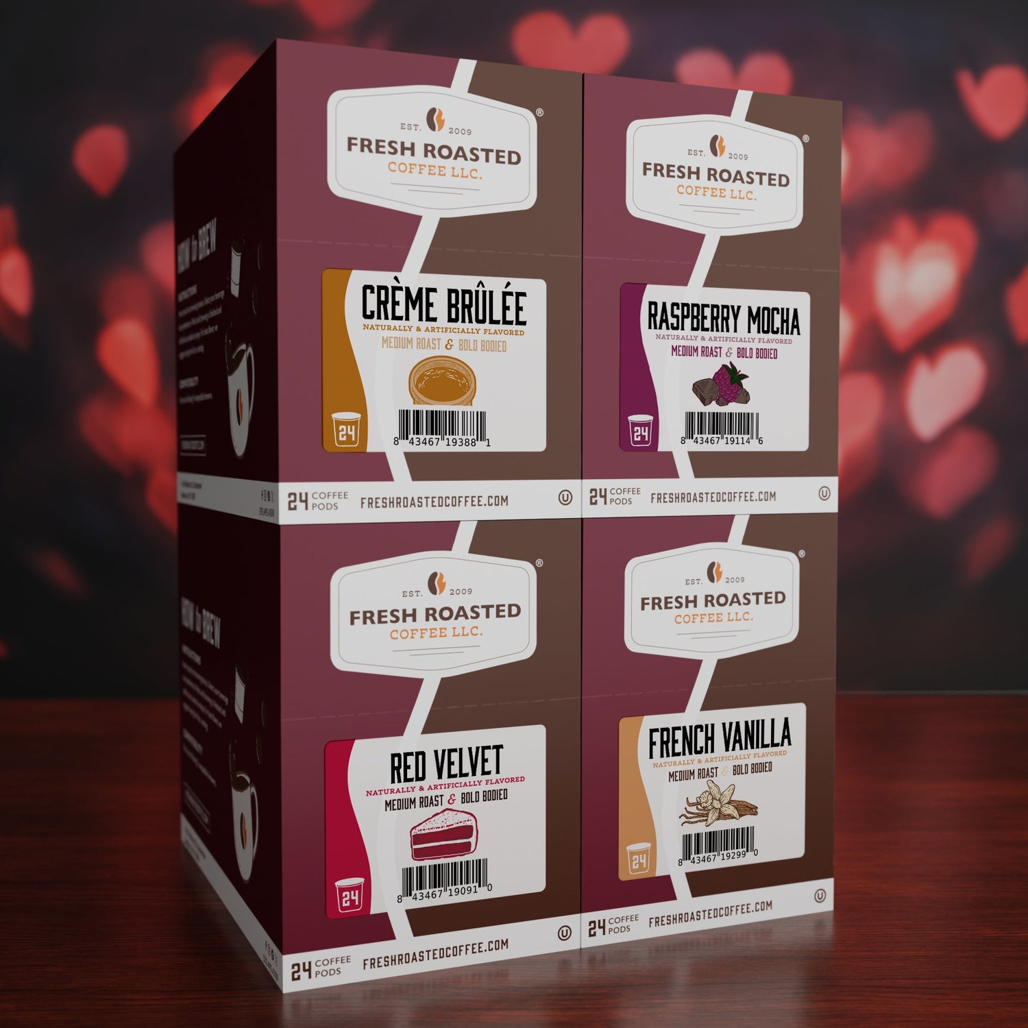 Box of Fresh Roasted Coffee LLC with various flavors on a wooden surface and heart-shaped light background