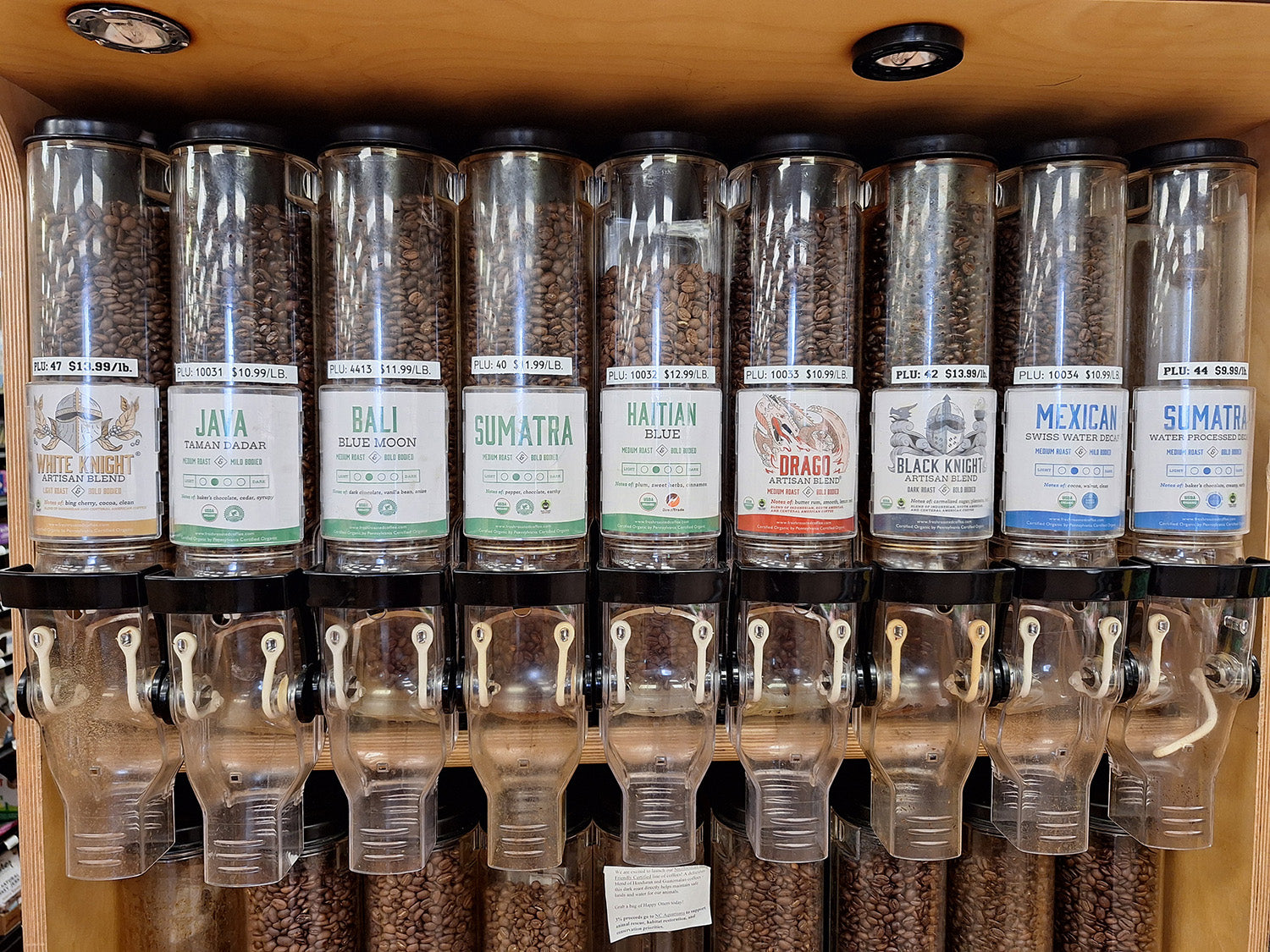 Fresh Roasted Coffee organic beans in dispensers. 