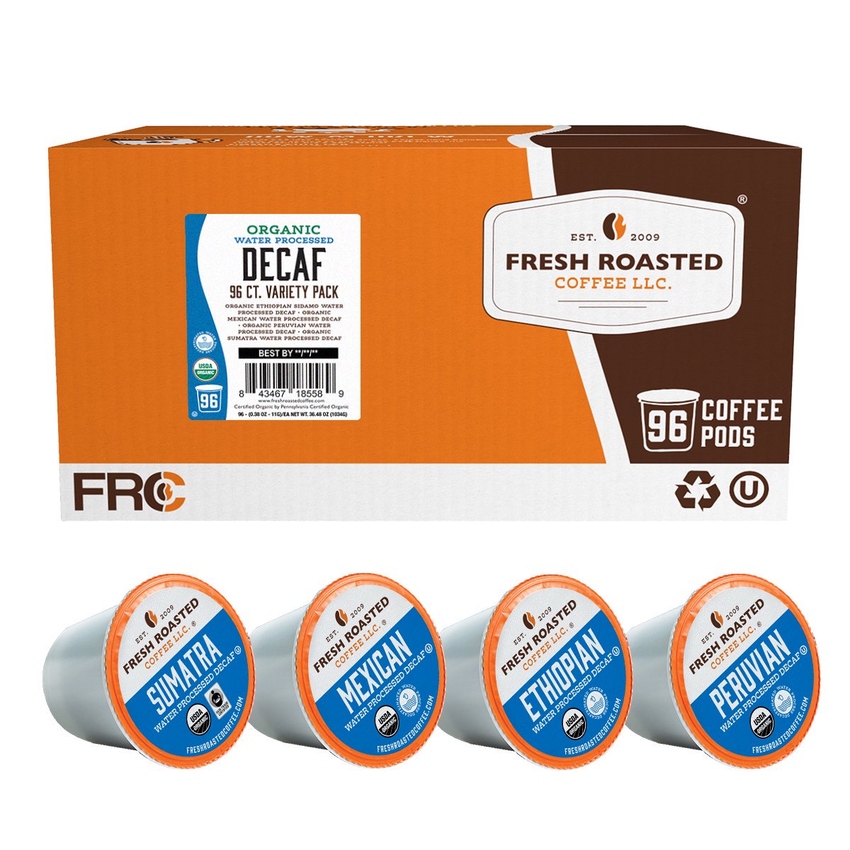 Fresh Roasted Coffee, Water Process Decaf Variety Pack, K-Cup Compatible, 96 Pods