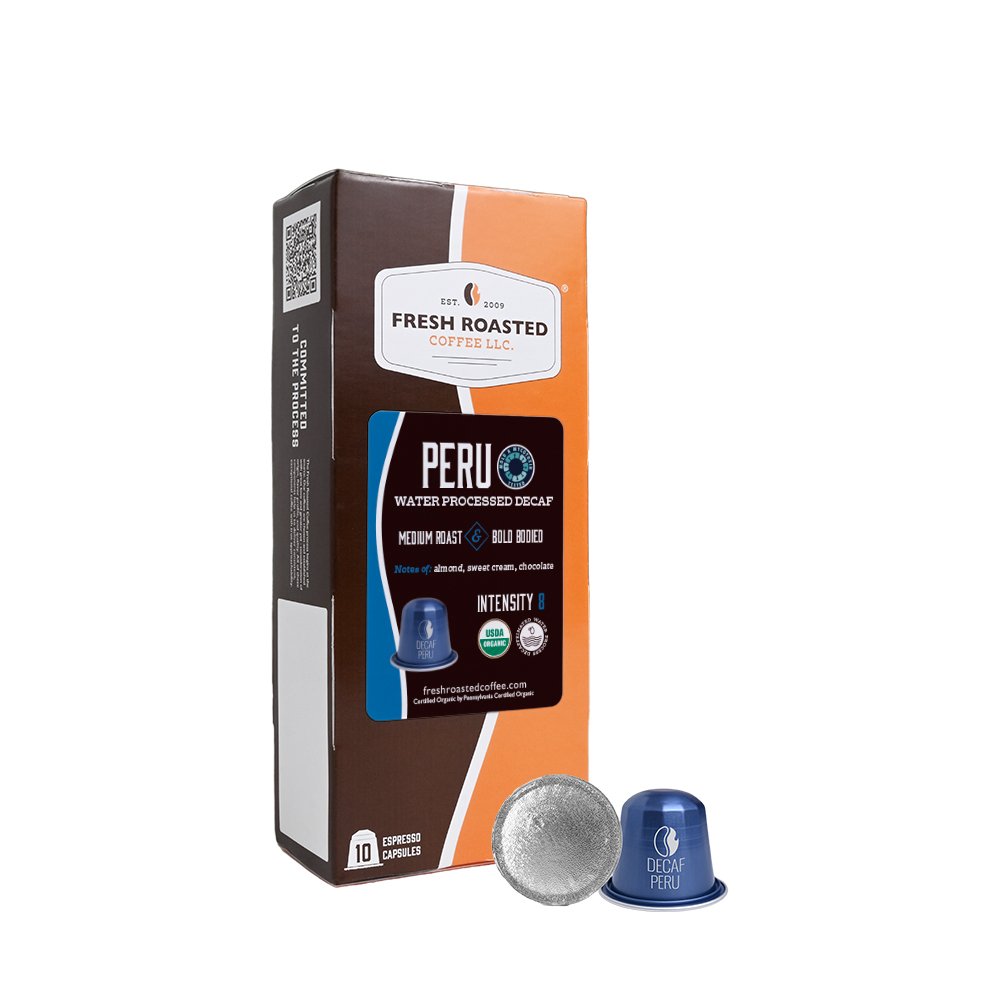 Fresh Roasted Coffee Peru Organic Water-Processed Decaf Espresso Capsules, 10-count pack, medium roast, bold-bodied with notes of almond, cream, and chocolate.