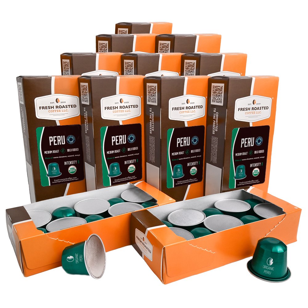 Fresh Roasted Coffee Peru Organic Espresso Capsules, 1200-count bulk pack, bold-bodied medium roast with sweet citrus and caramel notes.