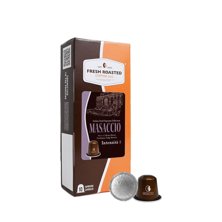 Fresh Roasted Coffee LLC Masaccio espresso capsules, 10-count box, highlighting rich brown butter sweetness, cardamom spice, and chocolatey brownie flavor at Intensity 8 roast.