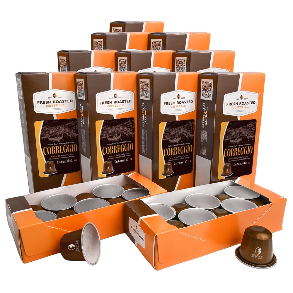 Ten-pack bundle of Fresh Roasted Coffee Correggio espresso capsules, 100-count total, intense Italian roast flavor.