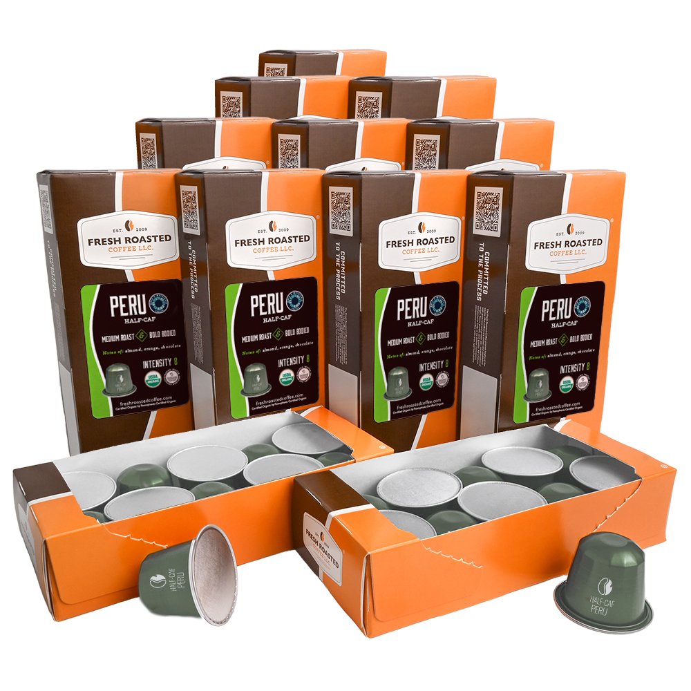 Fresh Roasted Coffee Peru Organic Half-Caf Espresso Capsules, 120-count value pack, bold-bodied coffee with orange and chocolate tasting notes.