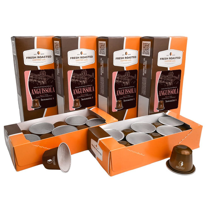 Four-pack of Anguissola Italian Craft Espresso Collection coffee capsules, 40 pods total, rich and bold flavor profile.