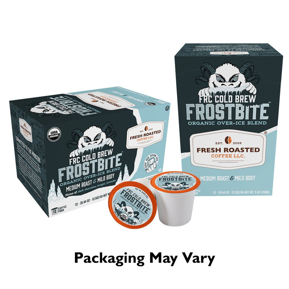 Fresh Roasted Coffee Frostbite Cold Brew, 12-count coffee pods, medium roast organic blend with notes of dark chocolate, nougat, and lavender.