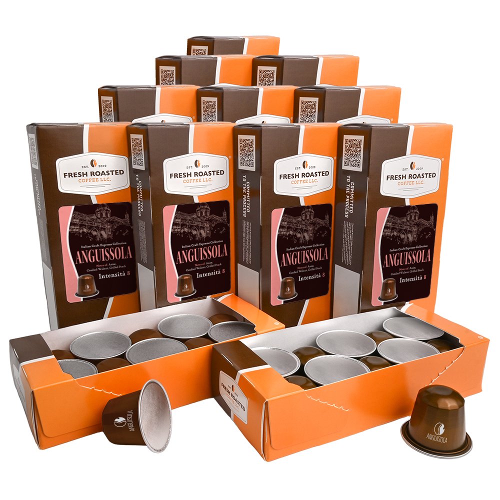 Bulk pack of ten Anguissola Espresso Capsules boxes, 100 pods total, Nespresso OriginalLine compatible, Italian dark roast.
