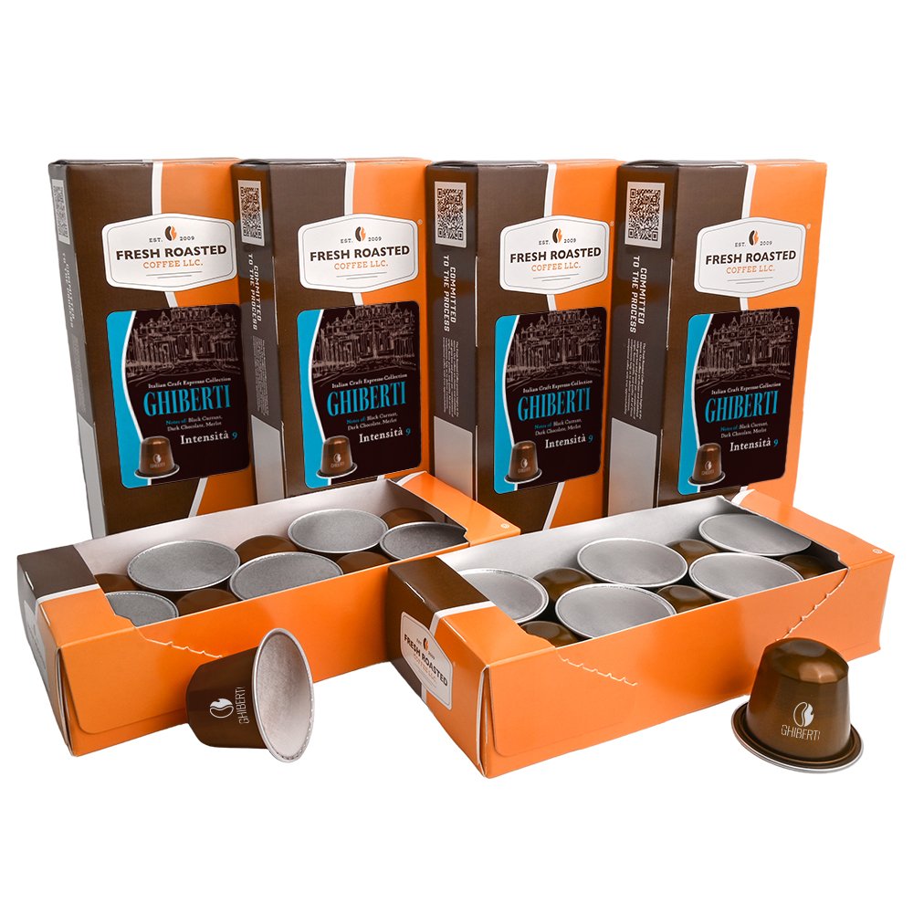 Fresh Roasted Coffee Ghiberti espresso capsules, bulk multi-pack display of 60 pods, offering bold Italian dark roast flavor with notes of black currant, dark chocolate, and merlot.