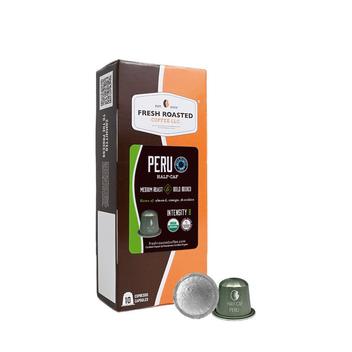 Fresh Roasted Coffee Peru Organic Half-Caf Espresso Capsules, 10-count pack, medium roast, bold-bodied with notes of almond, orange, and chocolate.