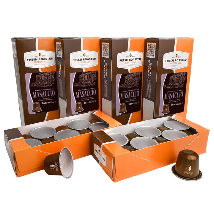 Fresh Roasted Coffee Masaccio espresso capsules, 60-count multipack display, featuring a medium-dark roast with brown butter sweetness and fudgy chocolate notes.