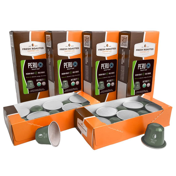 Fresh Roasted Coffee Peru Organic Half-Caf Espresso Capsules, 60-count bundle pack, smooth medium roast with almond and chocolate notes.