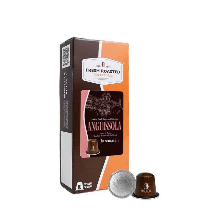 Anguissola Italian Craft Espresso Collection Nespresso®-compatible coffee capsules, 10-count box, rich notes of anise, candied walnut, and grilled peach.