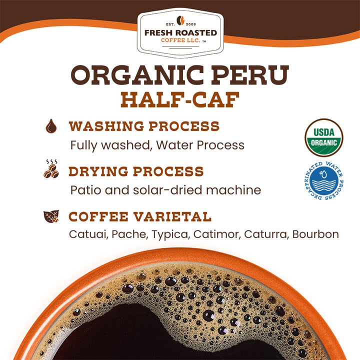Fresh Roasted Coffee Peru Organic Half-Caf details showing washing process, drying method, and coffee varietals for a premium espresso experience.