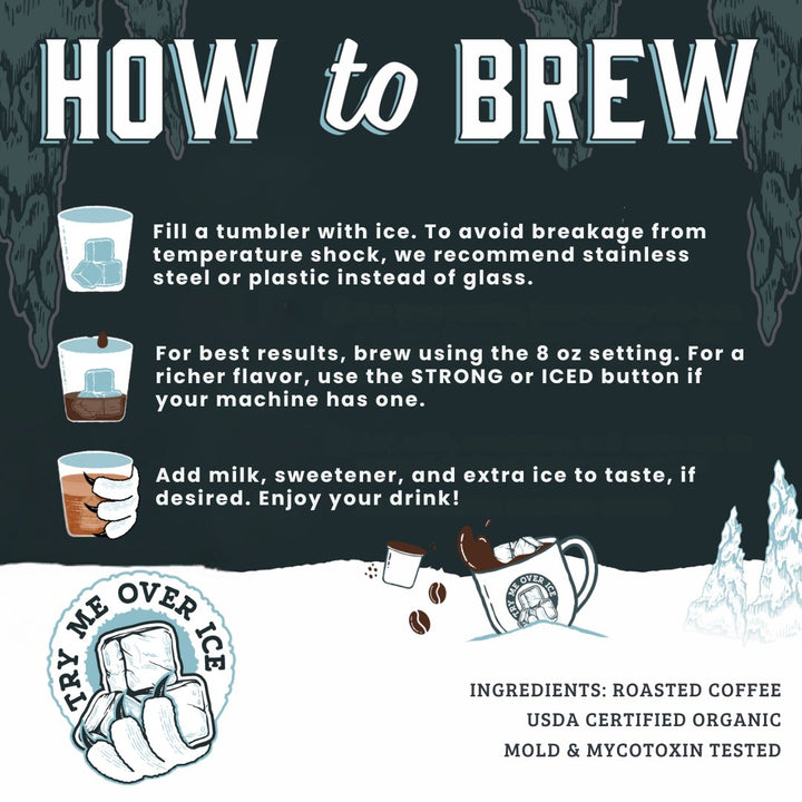 Step-by-step instructions for brewing Fresh Roasted Coffee Frostbite Cold Brew pods over ice, with tips for flavor and serving.