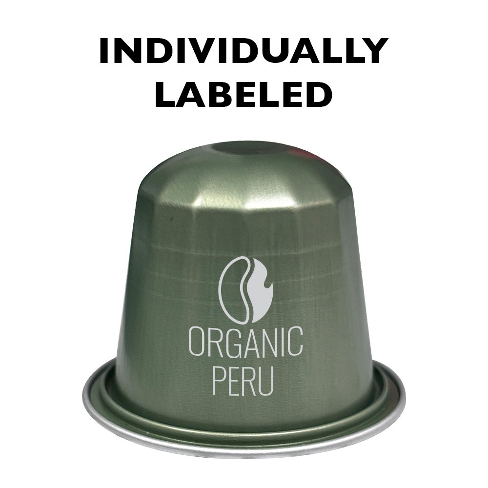 Fresh Roasted Coffee Peru Organic Half-Caf Espresso Capsule, individually labeled, medium roast with almond and chocolate flavor notes.
