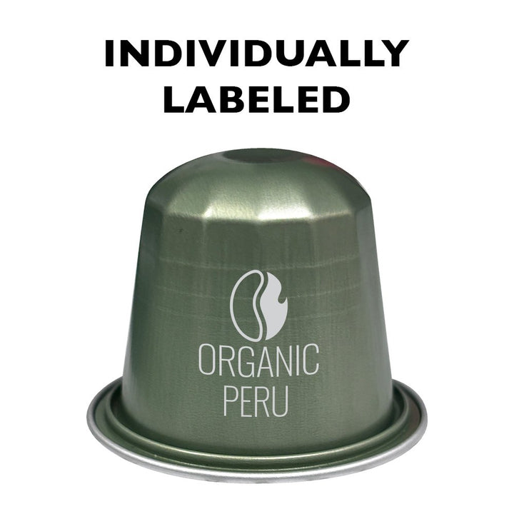 Fresh Roasted Coffee Peru Organic Half-Caf Espresso Capsule, individually labeled, medium roast with almond and chocolate flavor notes.