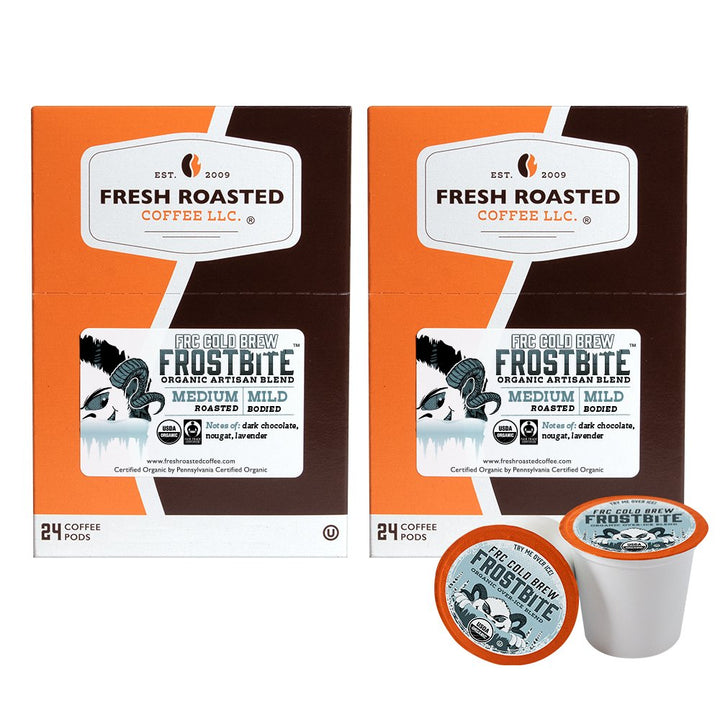 Fresh Roasted Coffee Frostbite Cold Brew, 48-count bundle pack of medium roast organic pods with notes of dark chocolate and lavender.