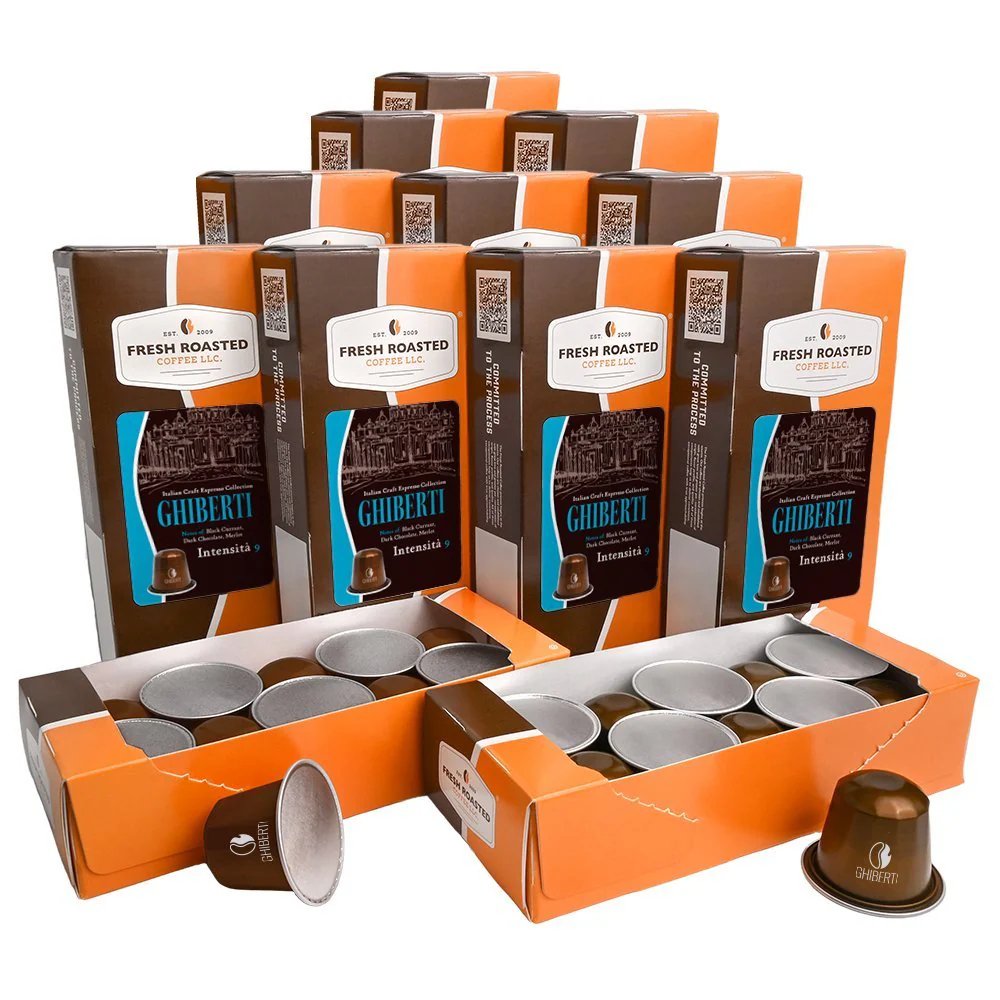 Fresh Roasted Coffee LLC Ghiberti espresso capsules, 120-count bulk packaging with recyclable pods, delivering a full-bodied Intensity 9 roast and rich cocoa and wine-like flavor notes.
