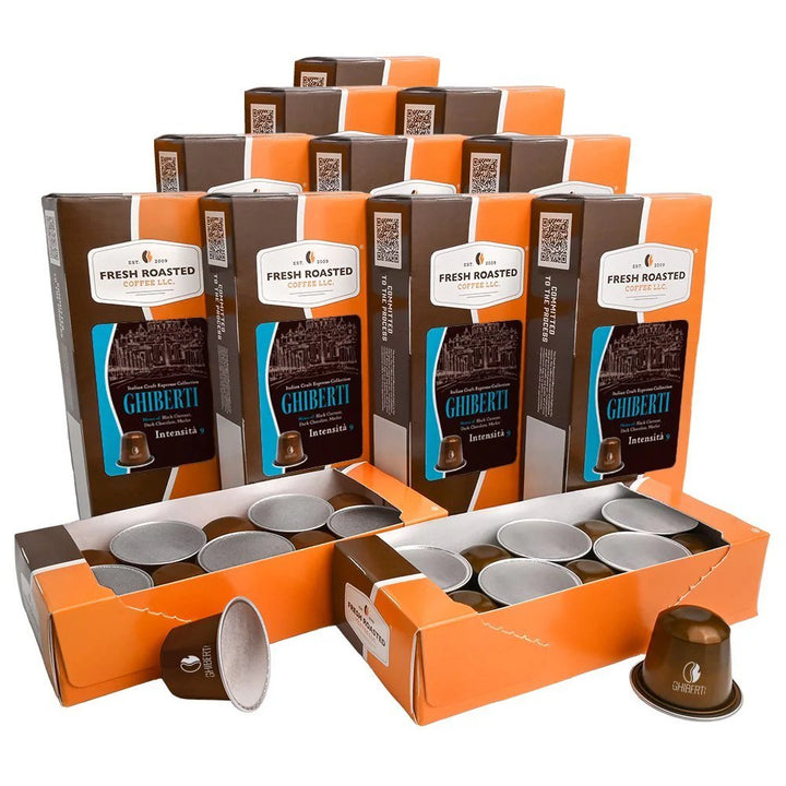 Fresh Roasted Coffee LLC Ghiberti espresso capsules, 120-count bulk packaging with recyclable pods, delivering a full-bodied Intensity 9 roast and rich cocoa and wine-like flavor notes.