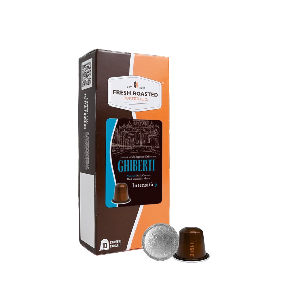 Fresh Roasted Coffee LLC Ghiberti espresso capsules, 10‑count box, highlighting rich merlot‑like finish with notes of black currant and dark chocolate at Intensity 9 roast.