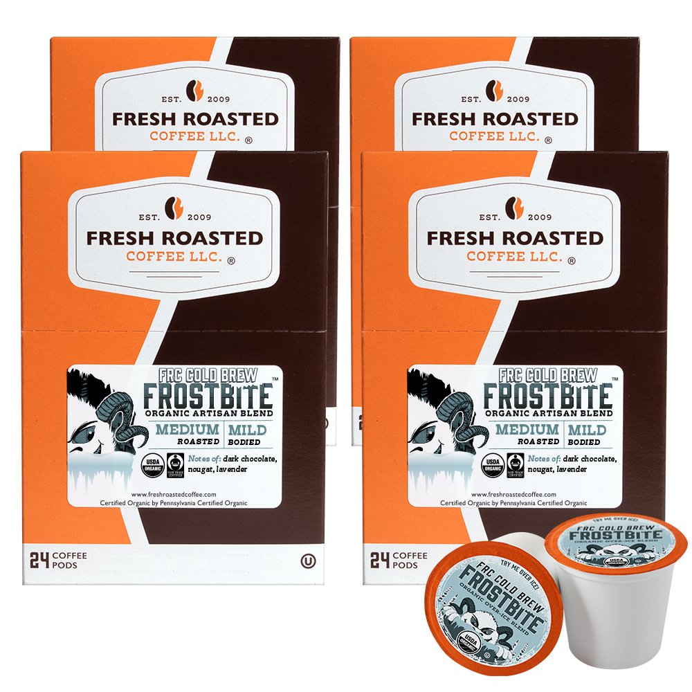 Fresh Roasted Coffee Frostbite Cold Brew, 96-count value pack of medium roast organic pods, delivering rich chocolate and nougat notes in every cup.