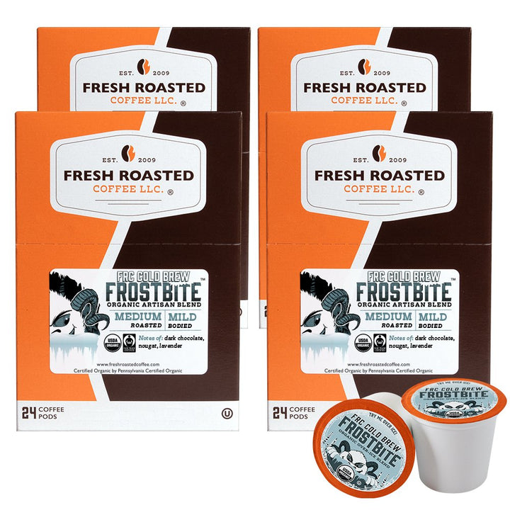 Fresh Roasted Coffee Frostbite Cold Brew, 96-count value pack of medium roast organic pods, delivering rich chocolate and nougat notes in every cup.