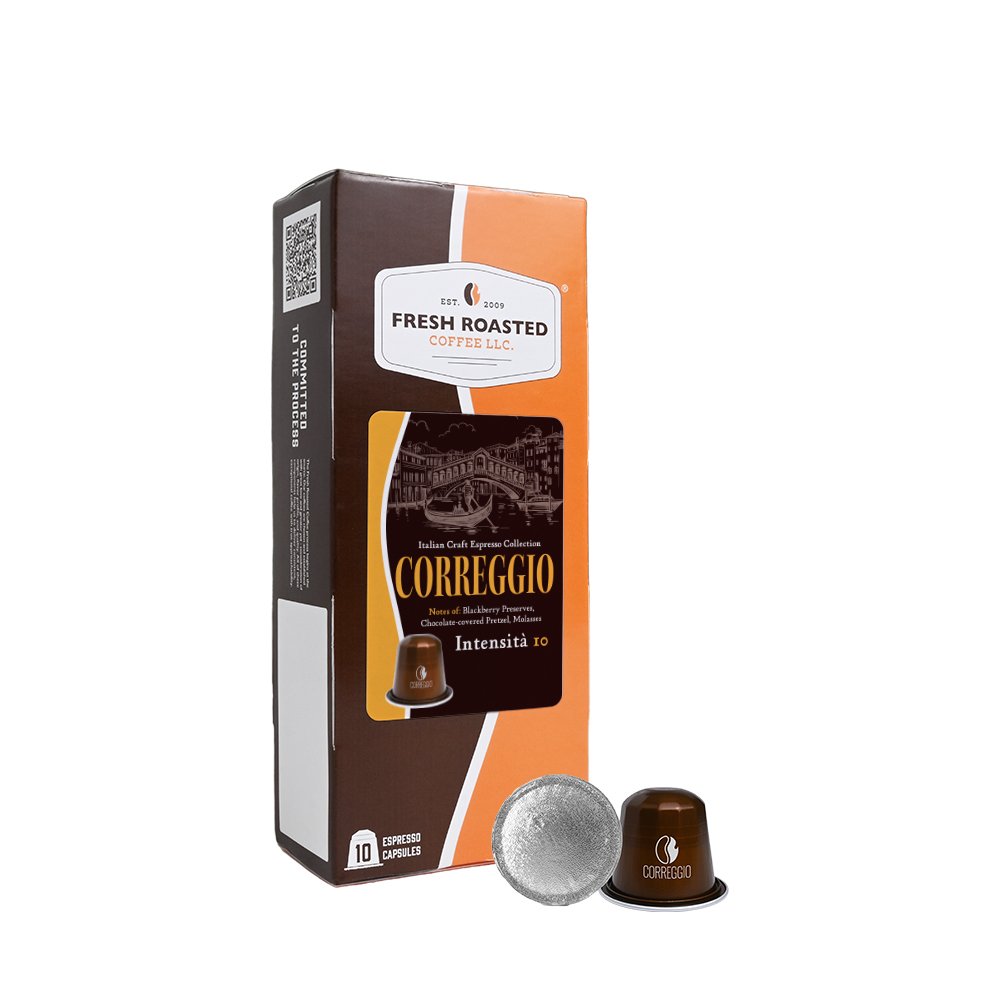 Fresh Roasted Coffee Correggio espresso capsules, 10-count box, Italian roast with bold notes of blackberry preserves and chocolate-covered pretzel.