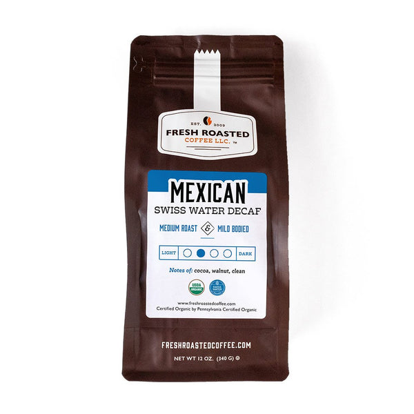 A bag of Organic Swiss Water Decaf Mexican coffee.
