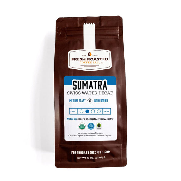 A brown bag of Organic Swiss Water Decaf Sumatra Coffee.